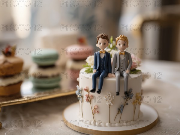 Wedding cake with male bride and groom topper and floral decoration, symbolic image for same-sex