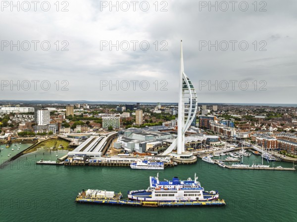 Portsmouth Harbour over Spinnaker Tower from a drone, Portsmouth, Gosport, England, United Kingdom