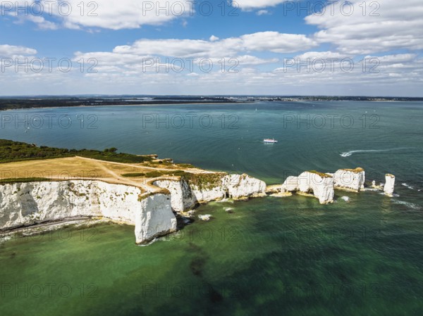 White Cliffs of Old Harry Rocks Jurassic Coast from a drone, Handfast Point, Dorset Coast, Poole,