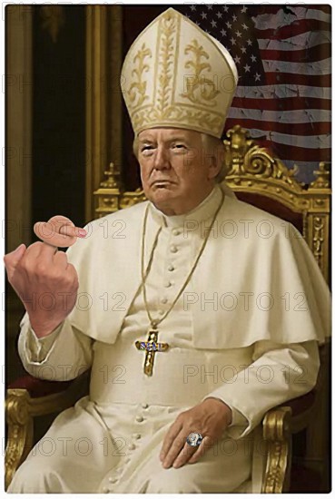 Symbolic image, Pope Donald, the world pays homage, finger pointing, signet ring with Bitcoin,