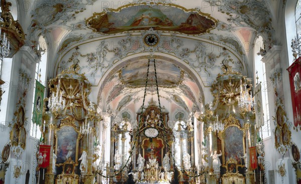 Interior view, choir, main altar, Catholic parish church of St Ulrich, Rococo, Seeg, Ostallgäu,