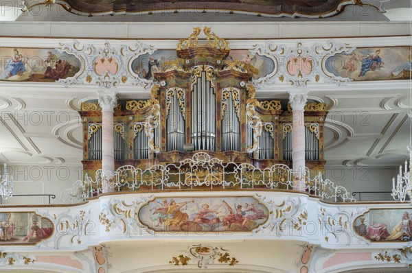 Interior photo, organ, organ loft, Catholic parish church of St Ulrich, Rococo, Seeg, Ostallgäu,