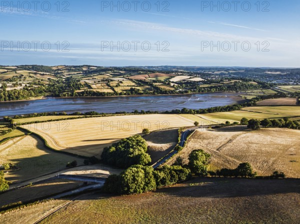 Farms and Fields over River Teign and Teignmouth Road from drone, Newton Abbot, Devon, England,