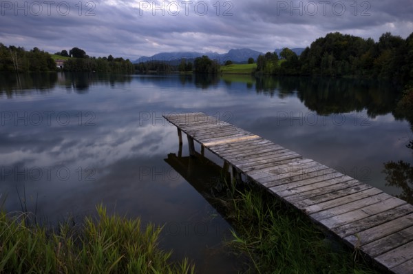 Bathing jetty, jetty, wooden jetty, jetty, leads into a lake, bathing lake, Schwaltenweiher near