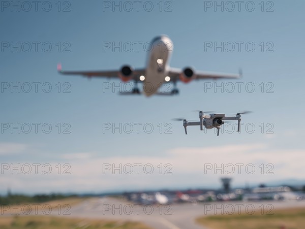 Ein Quadrocopter, Drohne, droht mit einem startenden Verkehrsflugzeug zu kollidieren, während ein