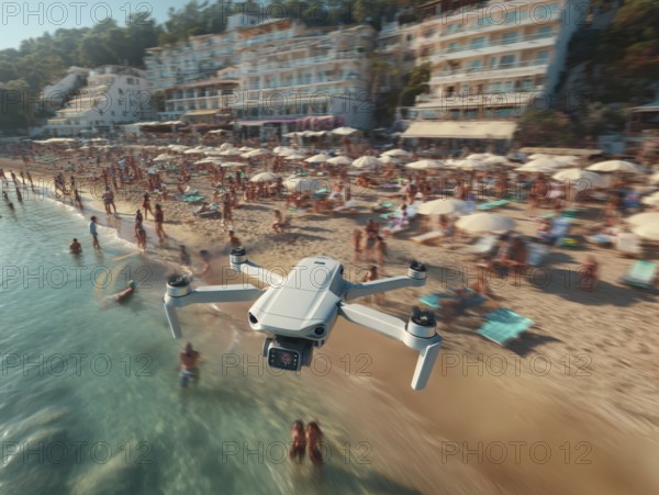 Ein Fernpilot steuert sein Quadrocopter, Drohne über einen dicht besetzten Badestrand, um illegale
