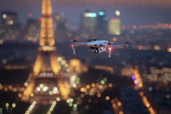 Ein Fernpilot steuert sein Quadrocopter, Drohne illegal über dichtbesiedeltes Stadtgebiet an einem