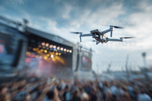 Ein Fernpilot steuert sein Quadrocopter, Drohne illegal über ein Open-Air Musik Konzert mit vielen