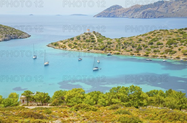 Panormitis bay, high angle view, Panormitis, Symi Island, Dodecanese Islands, Greece