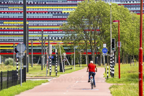 Cycle path through the university campus in Utrecht Science Park, Utrecht University, colourful