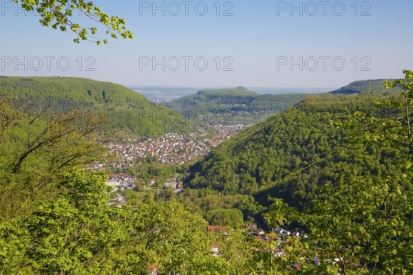 View from Lichtenstein Castle, view of the Echatztal valley, Honau, Unterhausen at the back,