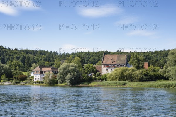 View over the Rhine, Hochrhein to the historic Bibermühle mill near Rheinklingen, Canton Thurgau,