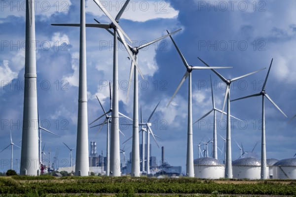 Wind farms Westereems and Growind, in the north of the Netherlands, near Eemshaven, energy centre,