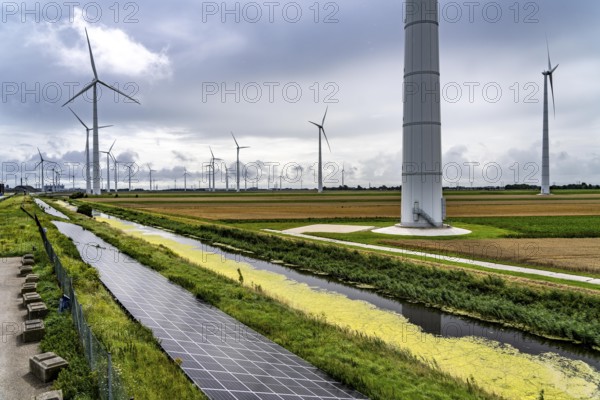 Solar park on the Slaperdijk dyke near Eemshaven, test project, 17, 000 solar modules were