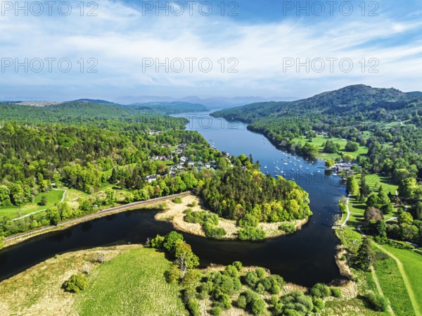 Windermere Lake from drone over Fell Foot Park, Lake District, Cumbria, England, United Kingdom