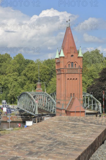 Tower of the lift bridge over Hansahafen and Klughafen, arch bridge, Marstallweg, Old Town, Lübeck,