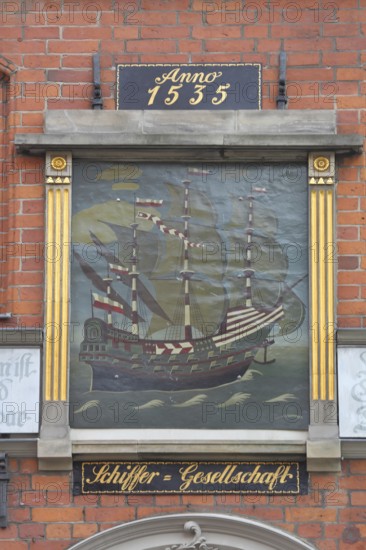 Painting with sailing ship and year at the entrance to the Schiffergesellschaft restaurant,