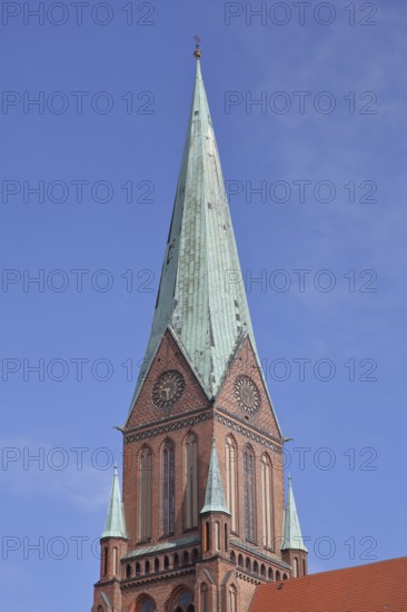 Tower of the UNESCO Gothic Cathedral of St Mary and St John, Brick Gothic, Brick church, Schwerin,