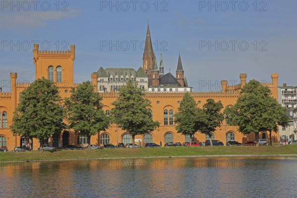 Pfaffenteich with arsenal, church tower of St Paul's Church, shore, lake, Schwerin,
