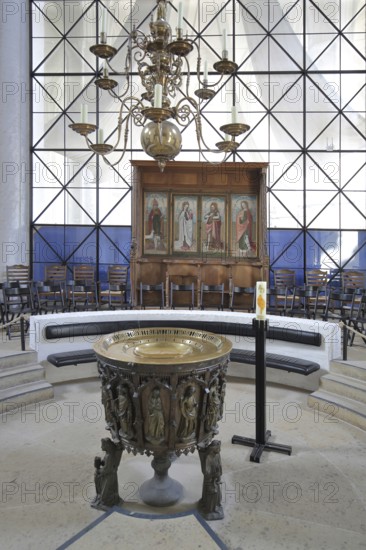 Baptismal font, chandelier and candle, interior view, gothic, cathedral, Lübeck,