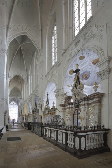 Side aisle with tombs from the Gothic cathedral, interior view, tombs, Lübeck, Schleswig-Holstein,