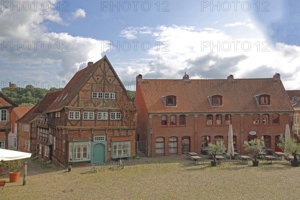 Eulenspiegel Museum, half-timbered houses, brick building, street pub, Am Markt, Mölln,