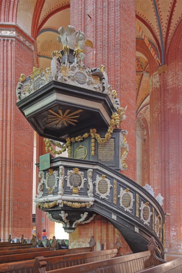 Pulpit with pulpit bonnet built in 1708, baroque, decorations, wood carvings, craftsmanship, art,