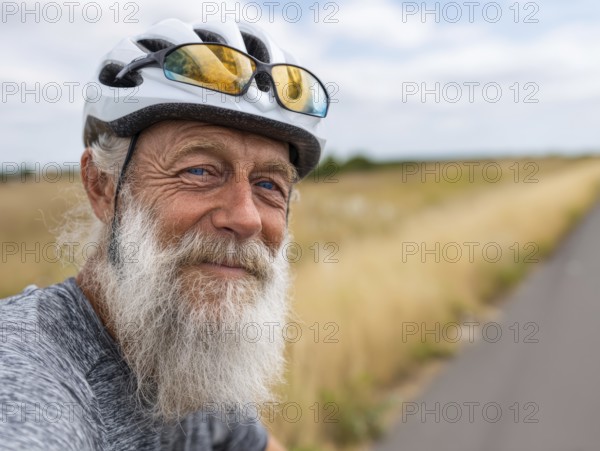 A man, senior citizen with a bicycle helmet rides on a bicycle and smiles friendly into the camera,