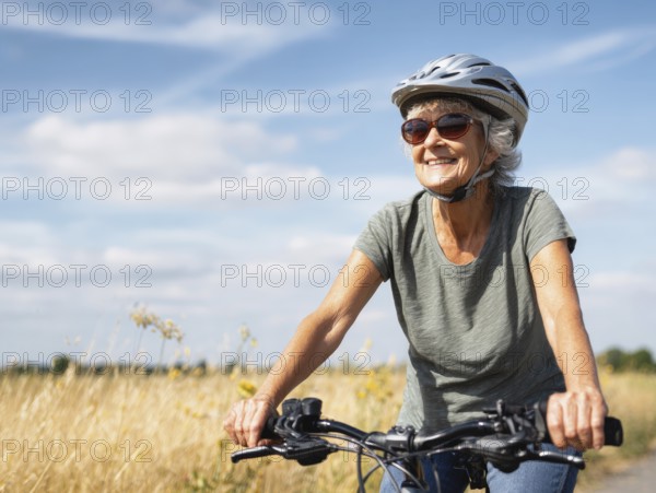 An elderly lady, a senior citizen with a bicycle helmet, rides a bicycle and smiles in a friendly