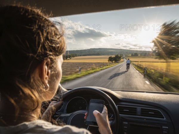 A car driver is dazzled by the sun and looks at her smartphone while driving, putting herself, the