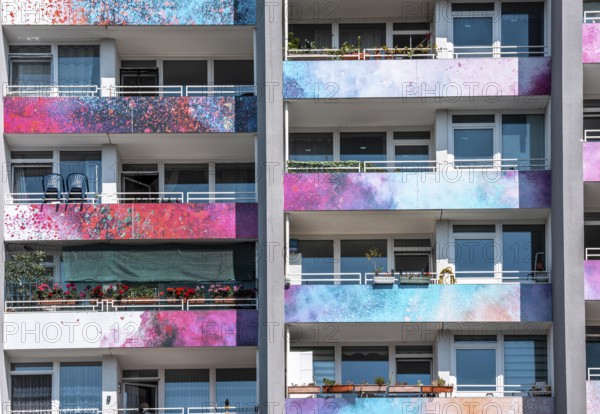 High-rise residential building, in Essen-Steele, with colourfully designed façade, balcony