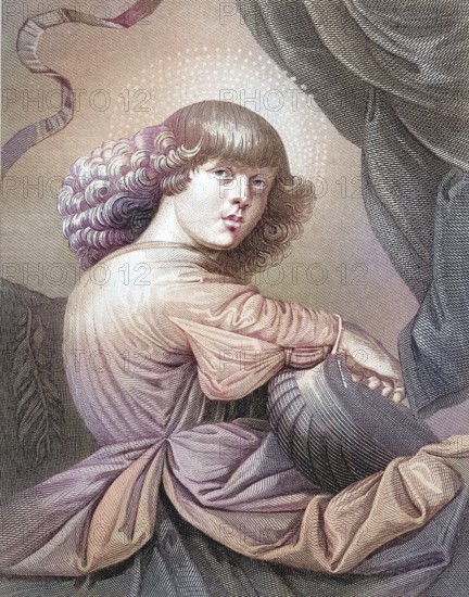 Angel making music with a guitar, A boy with curly hair looks at the viewer, in a colourful robe,