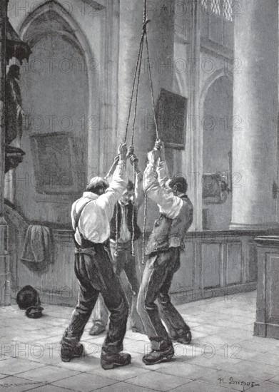 Men ringing bells with a rope, Germany, historical wood engraving, coloured wood engraving,