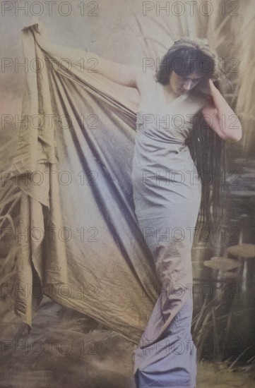 Female nude from around 1899, erotic postcard, playgirl, woman with long hair in draped clothes,