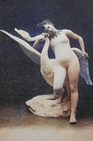 Female nude from around 1899, erotic postcard, playgirl, woman posing nude with swan sculpture in