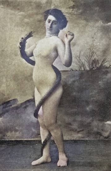 Nude woman from around 1899, erotic postcard, playgirl, naked woman with snake, mystical landscape,