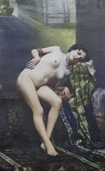 Nude woman from around 1899, erotic postcard, Playgirl, Naked woman resting on fabric, dream state,