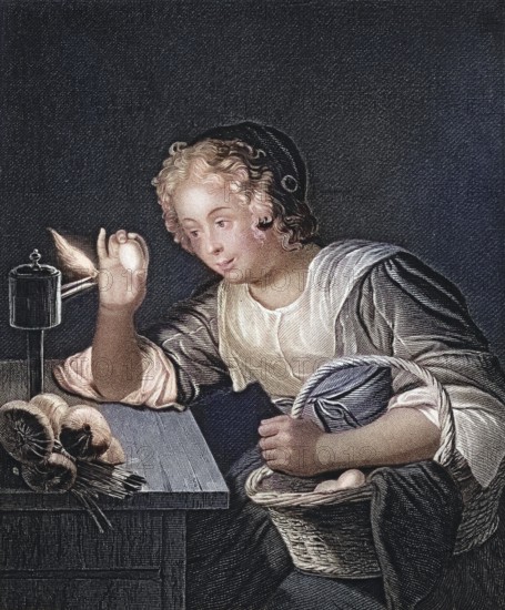 The egg test, child curiously examining a hen's egg illuminated by a candle in a dark room, after a