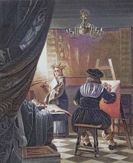 The painter's studio, Two artists in a studio, one paints on a canvas, surrounded by fabrics and a