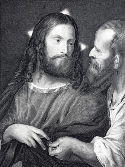 The interest coupon, Two bearded men in a conversation, one with stars in the background.