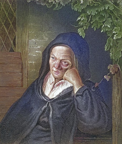 The mother of the painter Adriaen van Ostade, Pensive woman in a black headscarf, melancholic mood