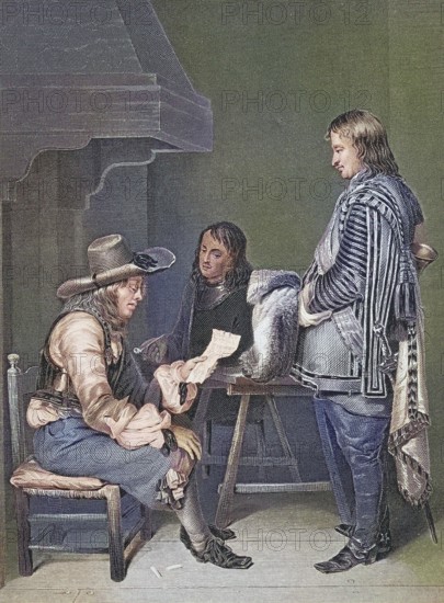 The orderly, a soldier on detachment to deliver orders, hands a letter to a man, Three men in