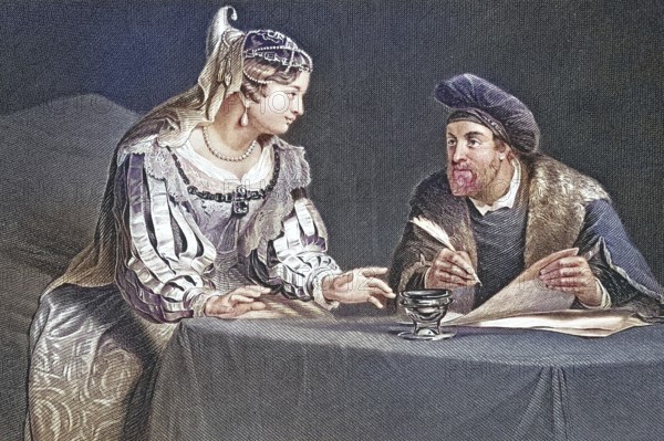 The legal proceedings, A couple in historical dress discussing a document, concentrated atmosphere,