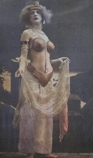 Female nude from around 1899, erotic postcard, playgirl, woman in an elaborate oriental costume in