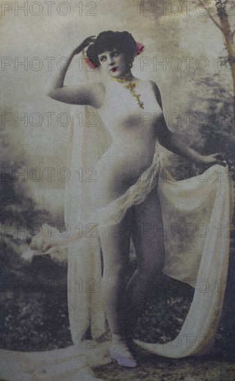 Female nude from around 1899, erotic postcard, Playgirl, Half-naked woman with fabric and flowers