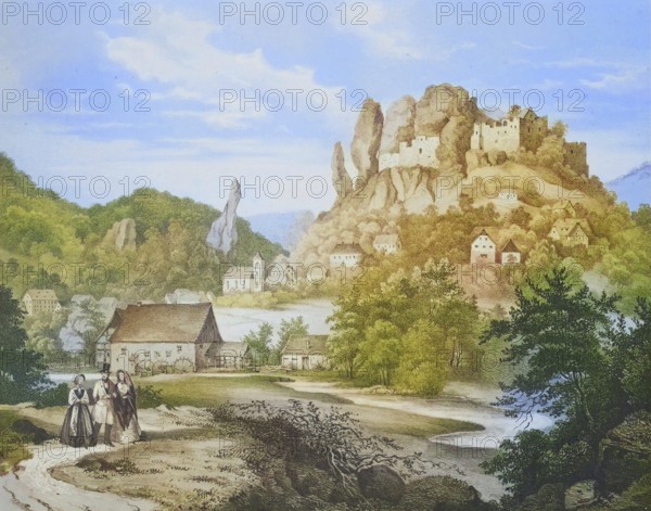 Streitberg Castle and town, climatic health resort, Franconian Switzerland, around 1850, district