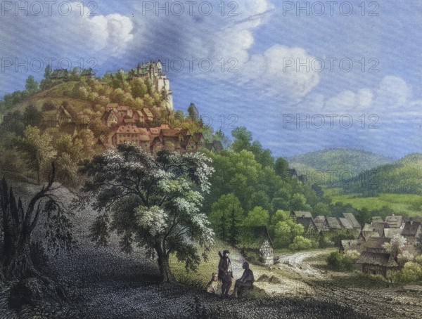 Eggloffstein castle and town around 1850, climatic health resort, Franconian Switzerland, district
