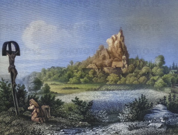 Place Wichsenstein, Franconian Switzerland, around 1850, in the foreground woman praying in front