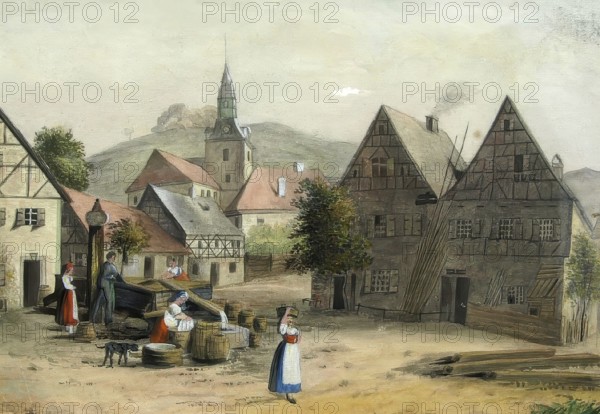 Village square in Muggendorf, climatic health resort, around 1850, Franconian Switzerland, district