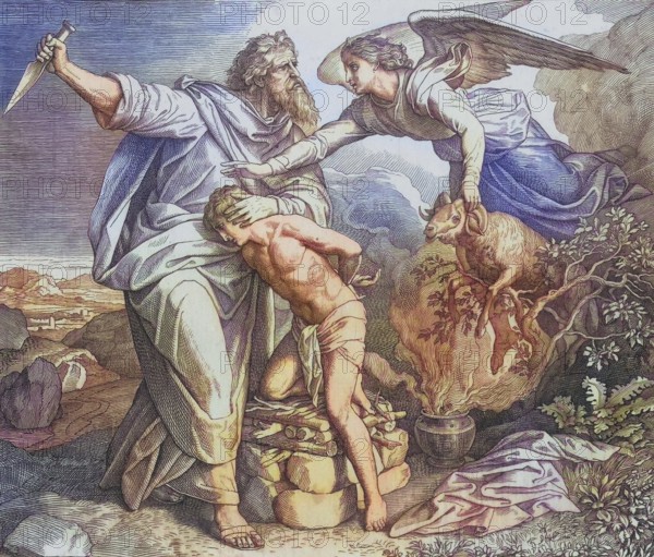 Biblical story, The Sacrifice of Isaac, digitally enhanced reproduction of a wood engraving by